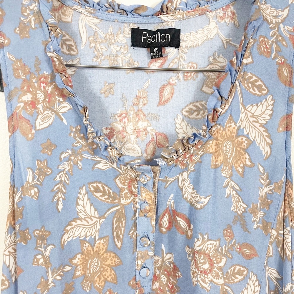 PAPILLON Floral Shift Ruffle Blue Dress XS Toile - Picture 3 of 5